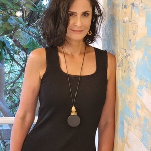 Long statement necklace with big black and gold bead pendant, long drop pendant necklace, large pendant necklace, stylish necklace