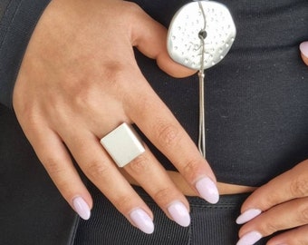 Square Silver Plated Statement Ring, Adjustable Size 8.5