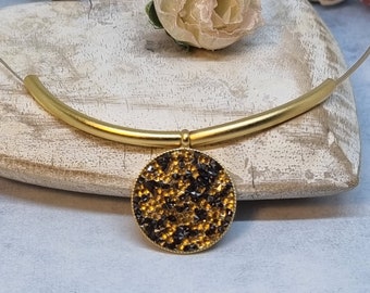 Round, Swarovski crystal pendant. Sparkling pendant necklace, Swarovski necklace, black and gold crystal pendat