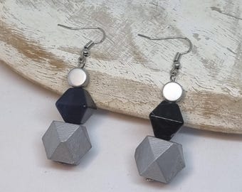 Black and Silver Bead Dangle Earrings, Hypoallergenic Charm Earrings