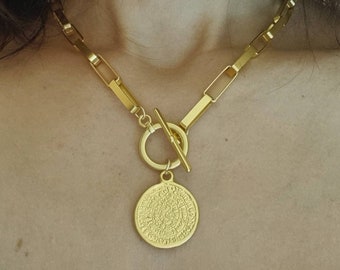 Gold Statement toggle clasp necklace, chunky  necklace, coin necklace, links chain, ancient Greek coin,  paper clip necklace