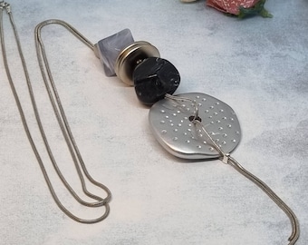 long drop pendant statement necklace, gray pendant long necklace, long black and gray pendant, long silver chain necklace