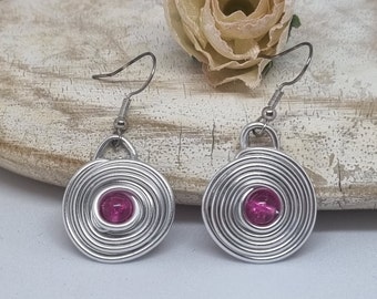 Silver Earrings With pink beads, silver dangle earrings , small round wire Earrings, Lightweight Earrings