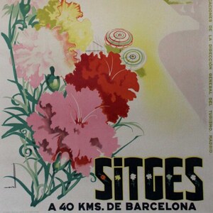 Cartel vintage de turismo de Sitges, España. Recuerda tus vacaciones en una de las mejores playas del mundo.