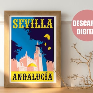 Cartel retro de Sevilla, póster vintage turístico, regalo original para amantes de Andalucia.