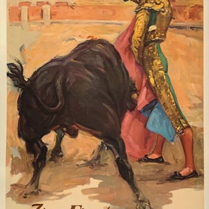 Cartel Turístico "Fiesta de Toros" en España, Corrida de Toros, Torero y Toro, Imagen Digital Retro