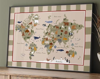 Mapa del mundo neutro para habitación infantil, póster de mapa de animales para niños, arte mural educativo para sala de juegos, decoración Montessori para niños pequeños, descarga digital.