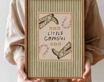 Affiche « Petite Cowgirl », rayures vertes et crème, style western, motif fer à cheval, téléchargement numérique