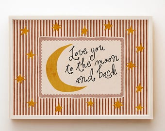 Lámina infantil "Te quiero hasta la luna y de vuelta", arte mural de la luna, decoración neutra para habitación de bebé, póster bohemio para habitación infantil, descarga digital.