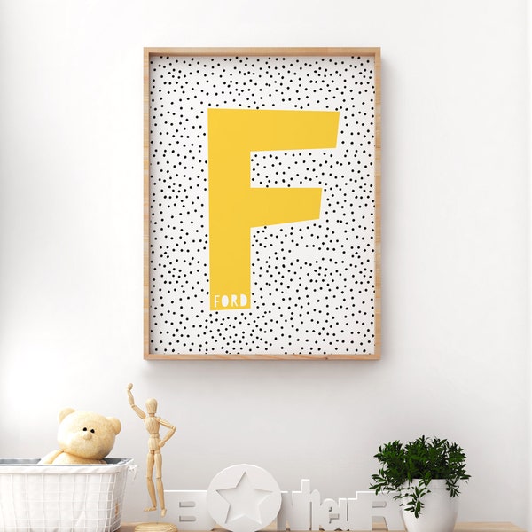 Yellow initial print, Personalised nursery print, Nursery letter art, Initial wall art, Nursery decor,  Initial nursery decor wall art