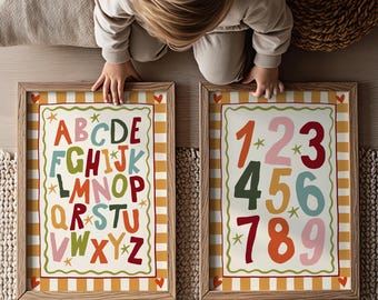 Conjunto de láminas coloridas con el alfabeto y los números para niños, paquete de pósteres ABC y 123, conjunto de láminas educativas para preescolar, decoración para la habitación de los niños (descarga instantánea)