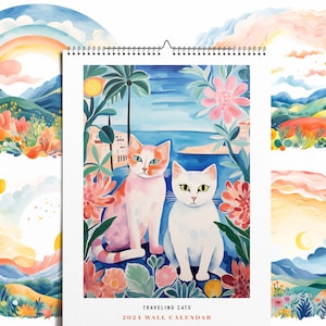 2024 travel wall calendar with cats, A4 calendar printed and shipped or Digital Download