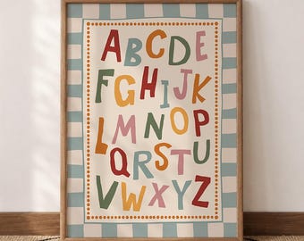 Affiche alphabet ABC, décoration murale bleu crème pour chambre d'enfant, lettres colorées, téléchargement numérique