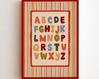 Lámina infantil colorida con el alfabeto ABC, arte mural educativo vintage, decoración retro para habitaciones infantiles, póster preescolar, descarga digital.