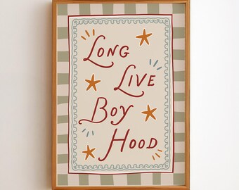 Affiche « Vive l'enfance », rouge, vert, beige, avec cadre en boucle et étoiles, téléchargement numérique