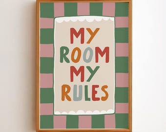 My Room My Rules Print, Kids Room Wall Art, Playroom Poster, Retro Typography Nursery Decor, Colorful Quote Print, Digital Download