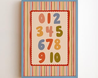 Lámina infantil con números coloridos del 0 al 10, póster vintage para contar, arte mural educativo retro para niños, decoración para sala de juegos, descarga digital.