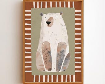 Cuadro de oso para habitación infantil, estampado de animales del bosque, decoración neutra para habitación de bebé, póster infantil escandinavo, arte infantil en terracota, descarga digital.