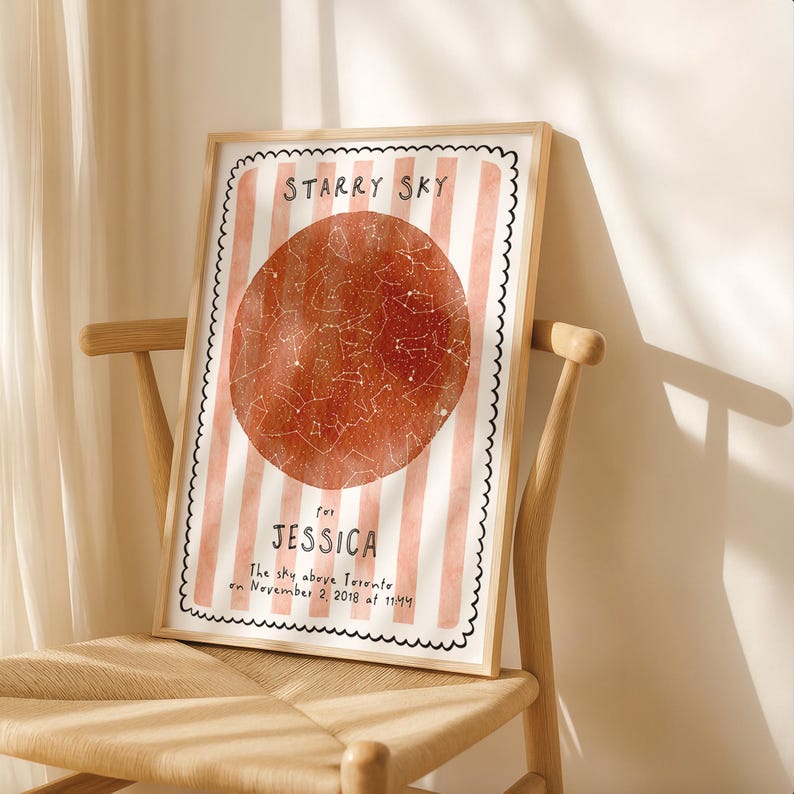 May include: A framed print with a starry sky design. The print features a red circle with constellations, set against a background of pink and white stripes. Text includes "STARRY SKY" and "for JESSICA".