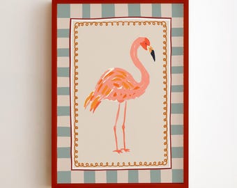 Utskrivbar väggkonst med rosa flamingo, retro kustnära barnrumsdekor, tropisk fågelbarnrumsaffisch, vintage djurtryck, digital nedladdning