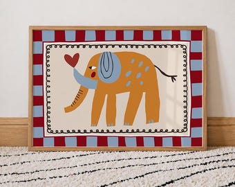 Affiche Cœur à motif éléphant jaune, rouge, bleu et crème, téléchargement numérique