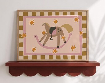 Rocking Horse Print, Green Beige Check Nursery Wall Art, Folk Star Poster, Digital Download