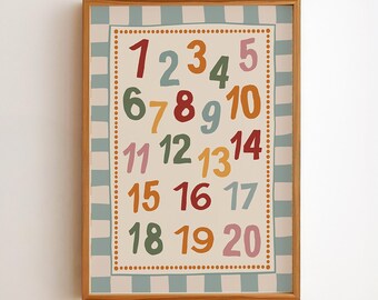 Affiche des chiffres de 1 à 20, bleu crème, pour chambre d'enfant, poster coloré pour apprendre à compter, téléchargement numérique