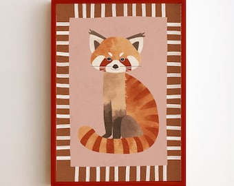 Lámina decorativa de panda rojo para habitación infantil, estampado de animales del bosque, decoración adorable para la habitación de los niños, póster de animales del bosque para la habitación del bebé, descarga digital.