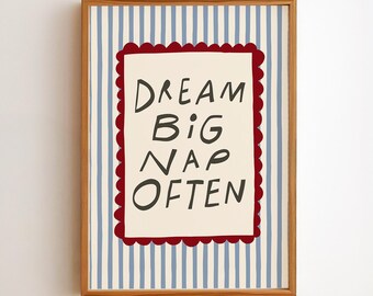 Affiche « Rêve en grand, fais souvent la sieste », rayures bleues et rouges, décoration murale pour chambre d'enfant, cadre festonné, téléchargement numérique