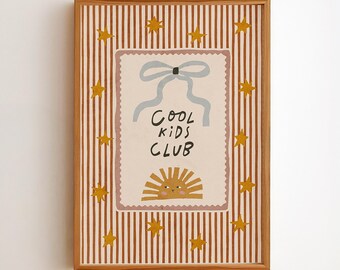 Affiche Cool Kids Club, Décoration murale pour chambre d'enfant marron et or, Poster soleil et arc-en-ciel, Téléchargement numérique