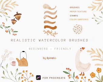 May include: A set of watercolor brushes for Procreate, featuring realistic brush strokes, paper textures, stamps, and color swatches. The brushes are designed for beginners and include a variety of autumnal colors and themes.