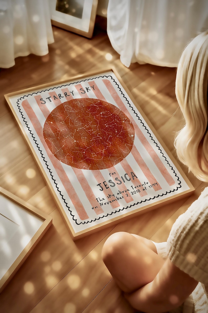 May include: A framed print with a star map design. The print features a reddish-brown celestial map within a striped border, with the text "STARRY SKY" at the top and "for JESSICA" below. The text "The sky above Toronto on November 2, 2018 at 11:44" is also included.
