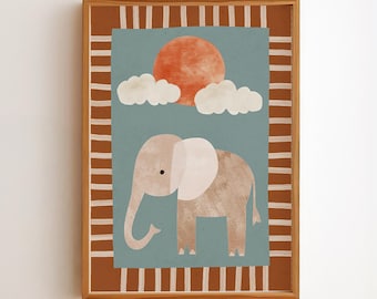 Lámina decorativa de elefante para habitación infantil, póster de animales de safari estilo boho, decoración neutra para habitación de bebé, imprimible para sala de juegos infantil, descarga digital.