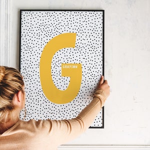 Yellow with dots initial print, Personalised nursery print, Nursery dots, Initial wall art, Nursery decor Modern nursery dots, Digital print