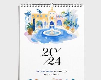 Calendario illustrato 2024, calendario da parete italiano 2024, généré par l'IA, calendrier A4 imprimé et expédié