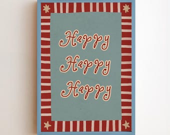 Estampado Happy Happy Happy, arte mural tipográfico retro, póster con cita positiva y colorida, decoración vintage maximalista para el hogar, descarga digital.