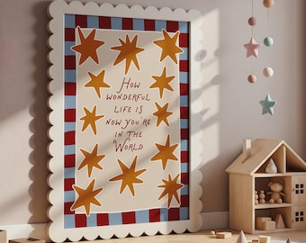Barnrumstavla med "How Wonderful Life Is Now You're in the World", present till nyfödd (nedladdning direkt)