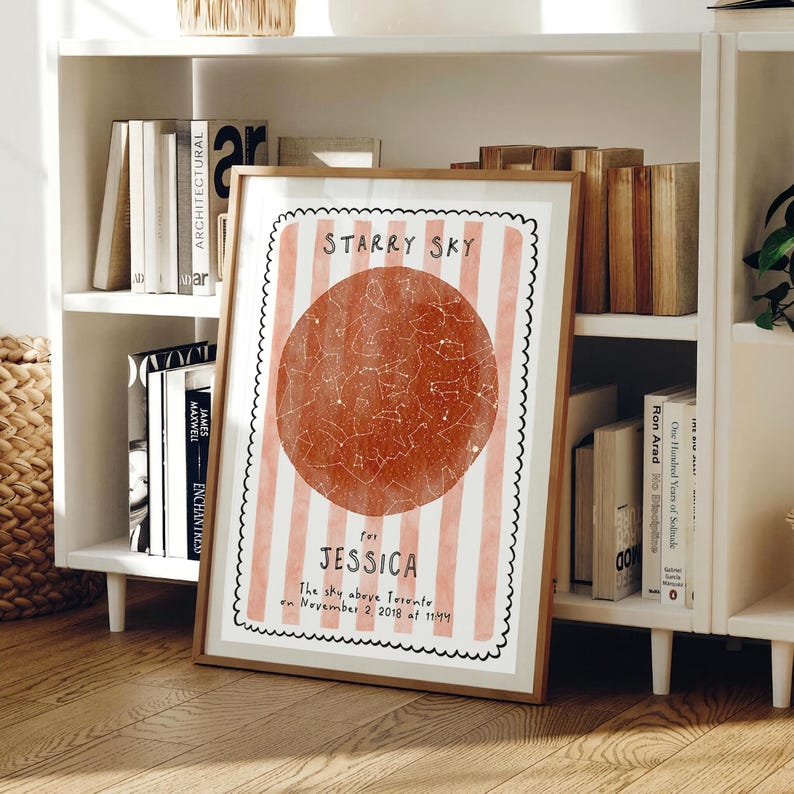 May include: A framed print with a light brown wooden frame. The print features a red circle with a constellation design, set against a background of pink and white stripes. Text includes "Starry Sky" and "for Jessica".
