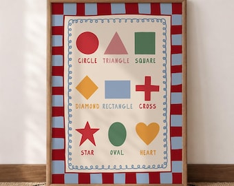 Affiche éducative Formes, Décoration murale pour chambre d'enfant rouge, bleu et crème, Poster d'apprentissage, Téléchargement numérique