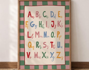Affiche alphabet ABC, vert, rose et crème, décoration murale pour chambre d'enfant, lettres majuscules et minuscules, téléchargement numérique