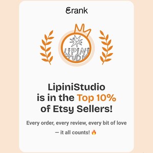 May include: A light peach-colored graphic with the text "Erank" at the top. The image features a logo with the words "LipiniStudio" and the text "is in the Top 10% of Etsy Sellers!" with the phrase "it all counts!"