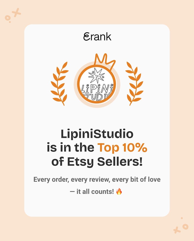 May include: A light peach-colored graphic with the text "Erank" at the top. The image features a logo with the words "LipiniStudio" and the text "is in the Top 10% of Etsy Sellers!" with the phrase "it all counts!"