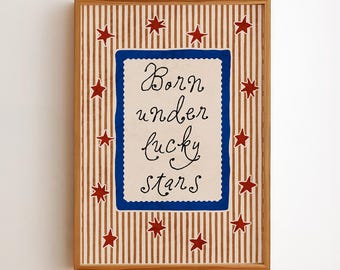 Póster vintage para habitación infantil "Nacido bajo estrellas de la suerte", póster folclórico retro americano, decoración patriótica para habitación infantil, descarga digital.