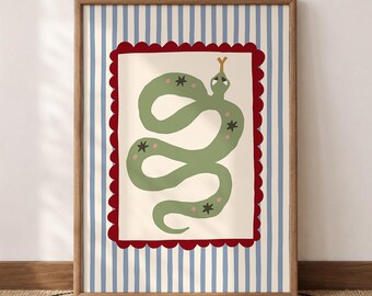 Affiche murale pour chambre d'enfant, motif serpent, rayures bleues et rouges, style folklorique, cadre festonné, téléchargement numérique