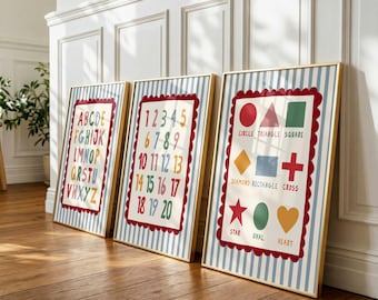 Lot de 3 affiches éducatives pour enfants : alphabet, chiffres et formes. Décoration murale d'inspiration Montessori pour la classe et la rentrée scolaire.