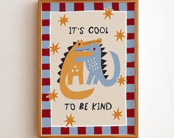 Affiche « C'est cool d'être gentil », Dino rouge, bleu et crème, Poster étoile, Téléchargement numérique