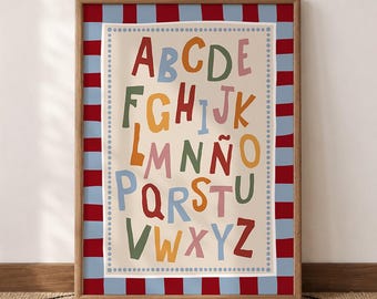 Alphabet espagnol imprimé, décoration murale pour chambre d'enfant rouge, bleu et crème, affiche Abecedario, téléchargement numérique