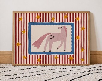 Licorne rose imprimée, décoration murale à rayures rouges et crème pour chambre d'enfant, affiche avec cadre festonné et motif cheval folklorique, téléchargement numérique