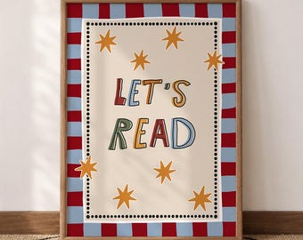 Affiche « Let's Read », rouge, bleu et crème, décoration murale pour salle de jeux, poster étoile, téléchargement numérique