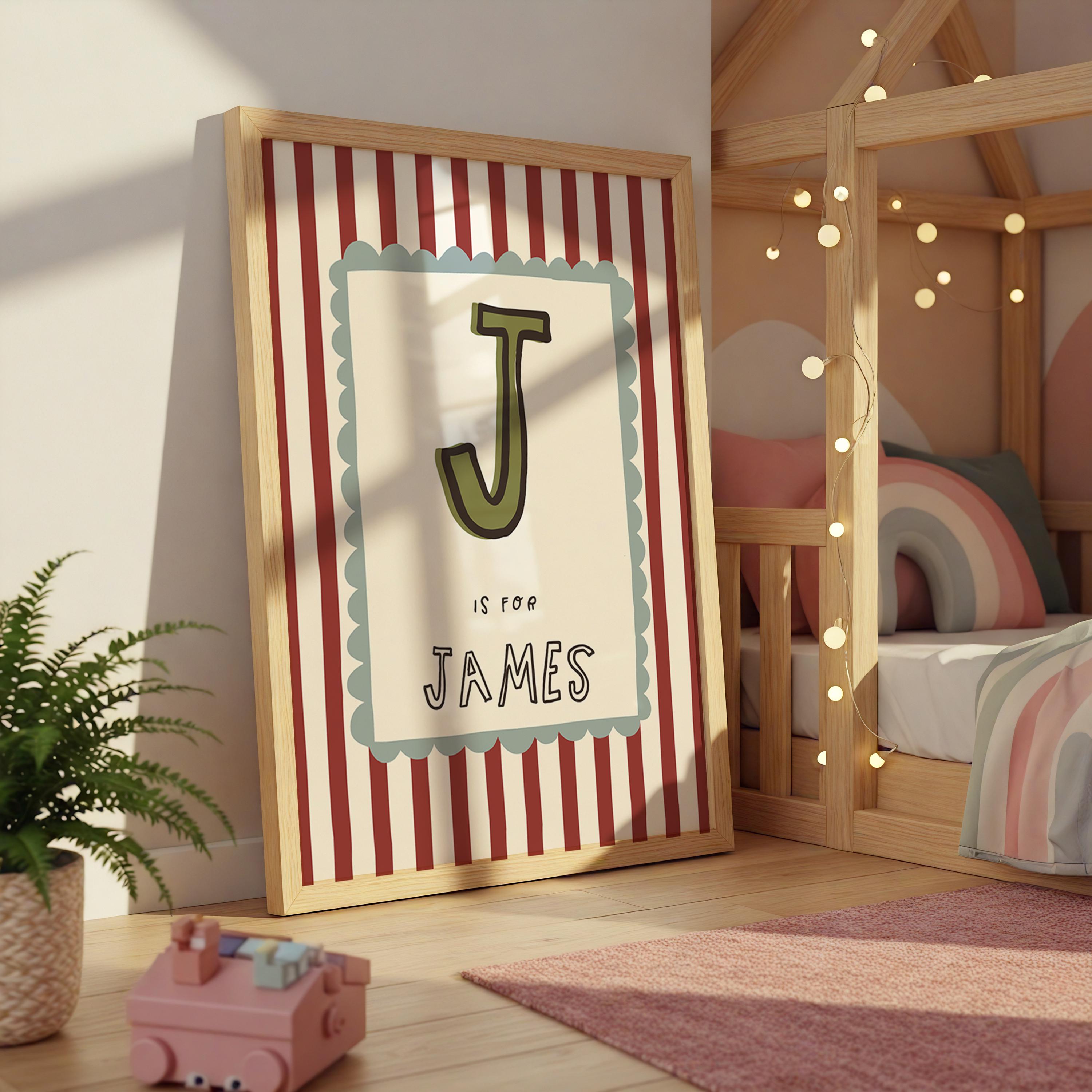 Custom Name Red Stripes Printable – Retro Initial Print for Kids Name ...